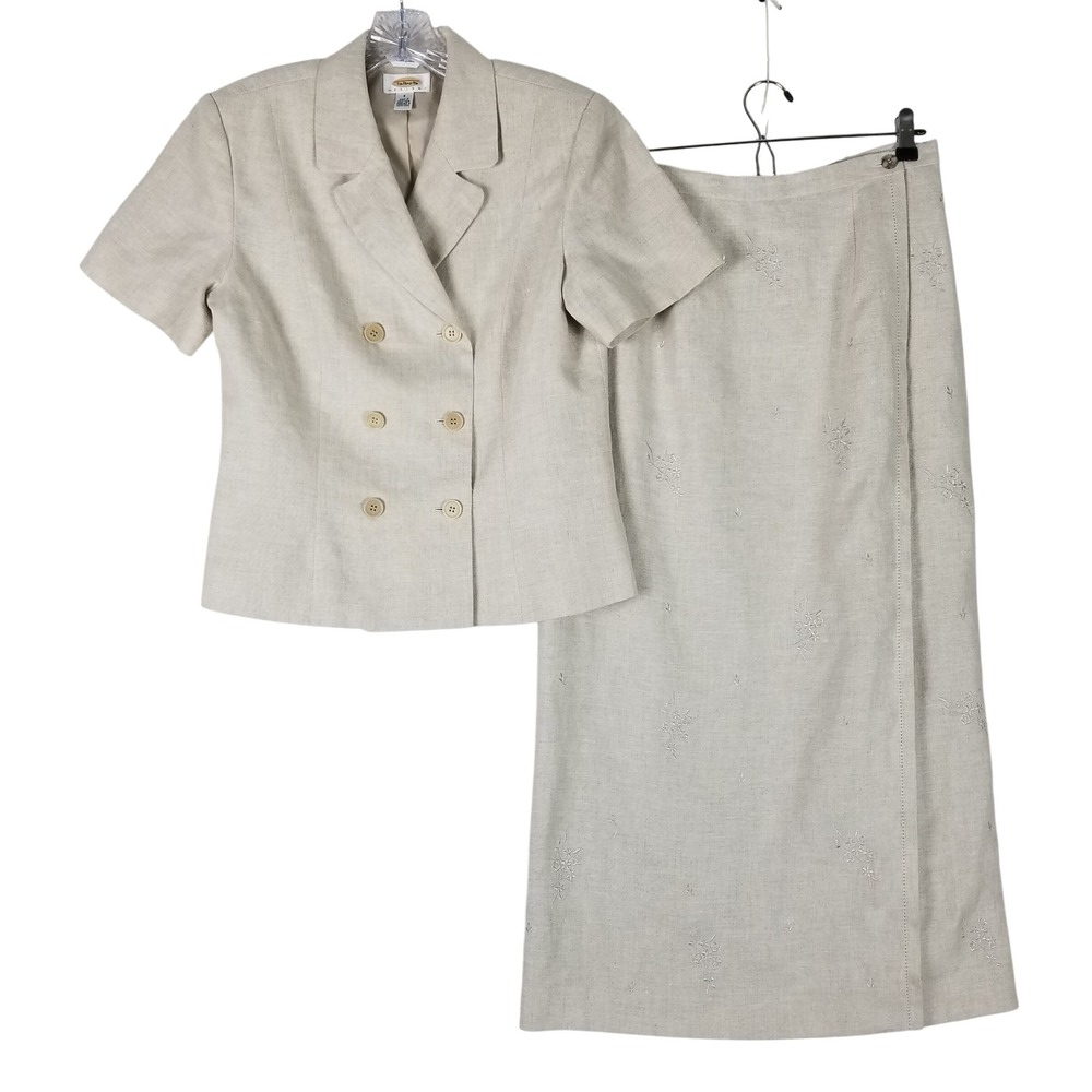 Talbots Skirt Suit Women 8 Beige Irish Linen Double Breasted Floral Embroidered